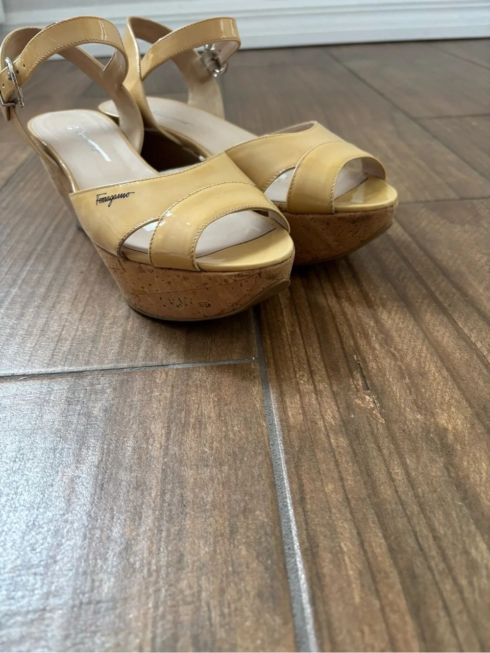 Salvatore Ferragamo Patent Leather My Sunset Cork Wedge Sandals Size 7.5 M